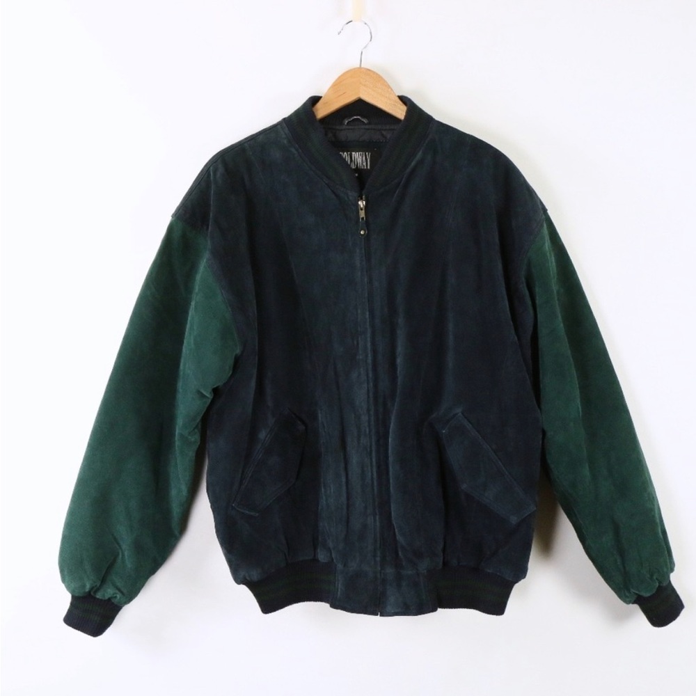 Goldway Retro Vintage Colorblock Navy Green‎ Suede Leather Bomber Jacket L